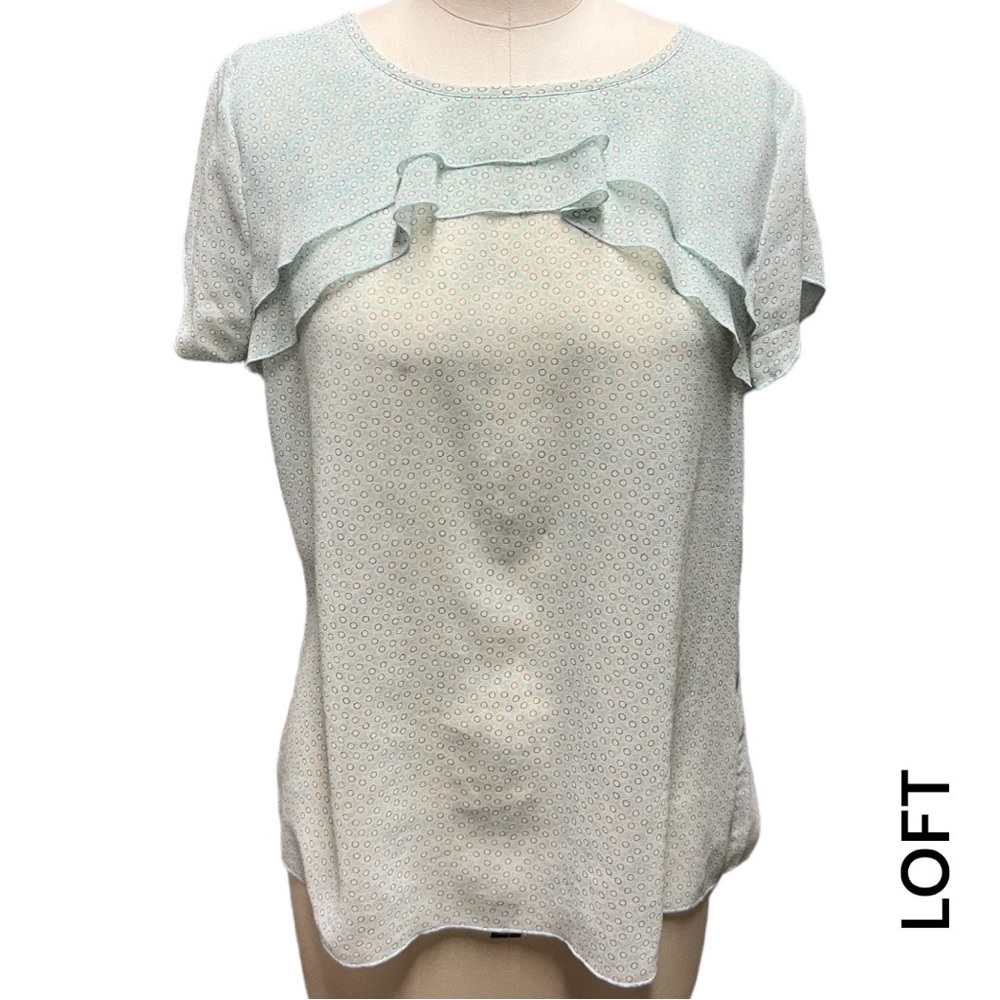 LOFT flutter sleeve ruffle mint polka dot short sleeve blouse + size MP